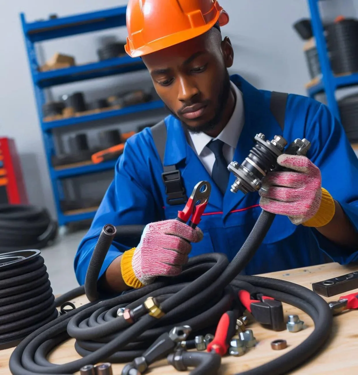 Technician preparing hydraulic hose components